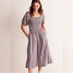 Boden Sky 100% linen smocked midi dress